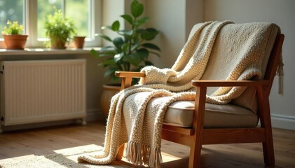 Cozy and warm wool throw blanket draped over a wooden armchair in a sunlit living room, adding rustic charm and texture to the interior , armchair, fireside