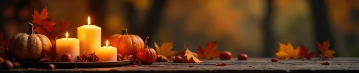 Cozy autumn scene with flickering candlelight illuminating warm-toned seasonal decorations Perfect for Thanksgiving, fall, or harvest themes , wood, glow, branches
