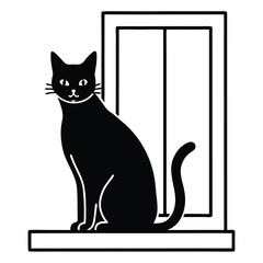 Black cat sitting on a windowsill looking out a window