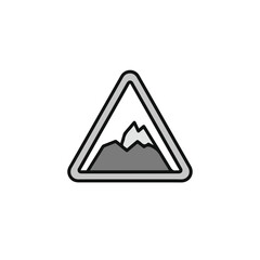 Mountain warning sign symbol, graphic with simple mountain in triangle frame. 