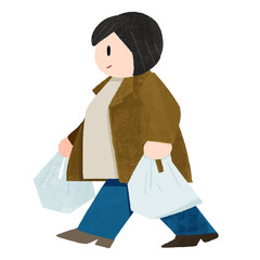 中高年のふくよかな女性が買い物をして歩いているデフォルメイラスト