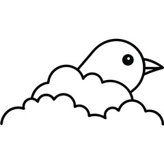 Obraz premium Cute cartoon bird peeking out from behind fluffy white clouds in a simple line drawing