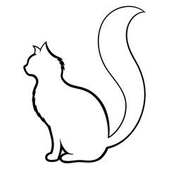 Elegant black and white silhouette of a sitting cat with a fluffy tail