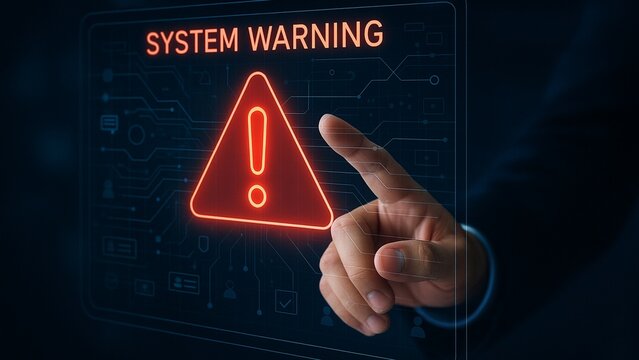 A digital image shows a human hand interacting with a futuristic virtual interface displaying a glowing red "System Warning" alert. The interface features a warning triangle with an exclamation mark a