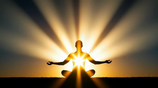 Enlightened Silhouette: Spiritual Meditation Journey with Radiant Light Rays at Sunset creating