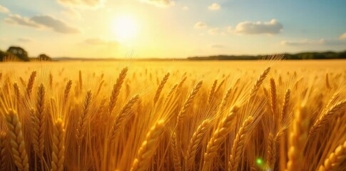 Fototapeta premium Golden wheat field shimmering under a summer sun, gently swaying in the breeze Vast expanse of ripe, golden grain ready for harvest Beautiful rural landscape , farming industry, summer