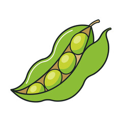 Fresh green pea pod with four round peas inside