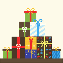 A colorful stack of wrapped christmas presents with festive bows and patterns