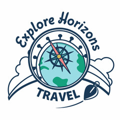 Explore horizons travel logo featuring a compass and globe
