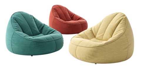 Three Colorful Beanbag Chairs, Isolated on Transparent Background, 3D Render, Furniture Design, Beanbag, Chair, 3D Model