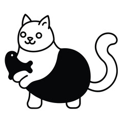 Cute cartoon cat holding a fish in its paws with a happy expression