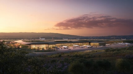 Wide-angle view of a modern airport terminal complex at dawn.