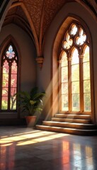 Serene sanctuary; sunlight streams through stained glass windows illuminating a peaceful meditation space Spiritual architecture evokes a sense of calm and connection , design, ornate, modern