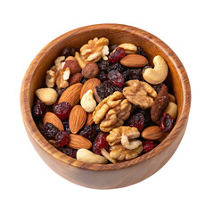 An overhead shot of a healthy trail mix with various nuts and dried fruits isolated on a transparent background png