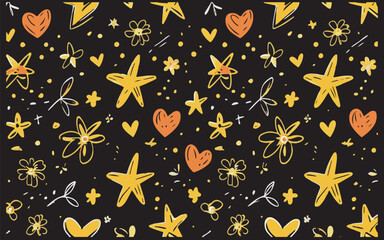 Hand-Drawn Stars, Hearts, and Flowers on Black Background