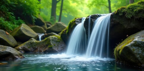 Obraz premium Serene waterfall cascading over mossy rocks, creating a tranquil and peaceful atmosphere perfect for relaxation and meditation The misty spray adds to the calming ambiance , water, quiet, landscape