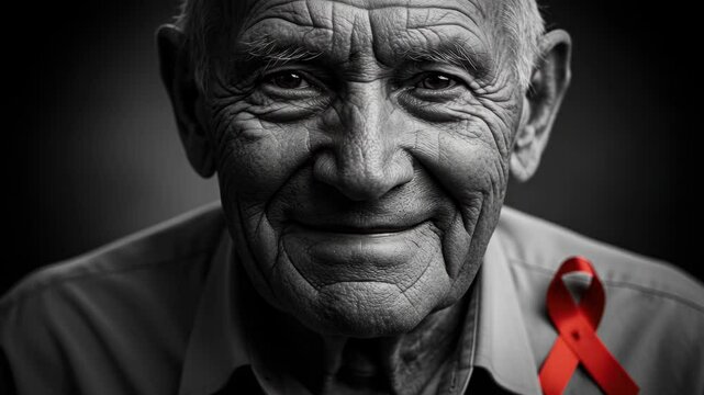 Senior man portrait in black and white with the red ribbon for the fight against HIV on his shirt