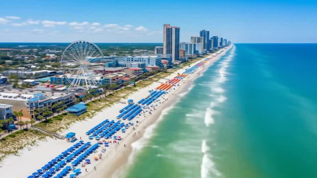 Myrtle Beach aerial view featuring the SkyWheel, beach umbrellas, and ocean waves