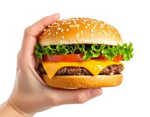 Hand Holding Classic Cheeseburger with Melting Cheese, Side View, isolated on transparent background