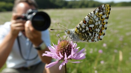 Male photographer capturing butterfly on flower in field