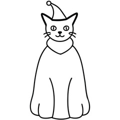 Cute cartoon cat wearing a festive santa hat and scarf isolated on white