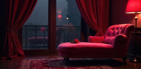 Velvet drapes pool dramatically around a dimly lit boudoir, hinting at secrets and allure A single red rose rests on a plush chaise lounge, exuding unspoken invitation , shadows, desire, erotic © Sathaporn Buarabut