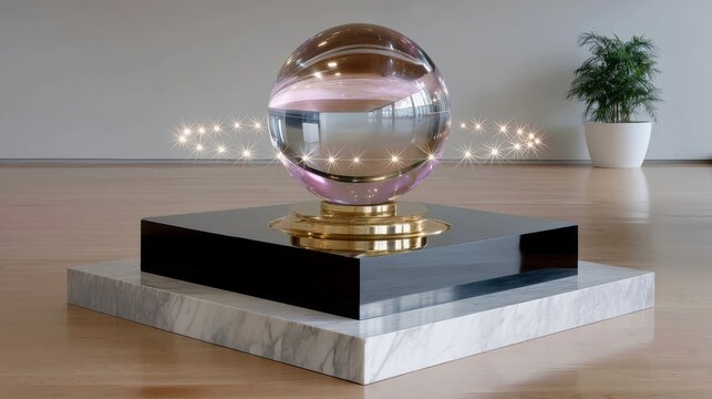 A metallic sphere floats mid-air, suspended by electromagnetic forces, slowly rotating above a black pedestal