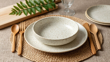 Fashionable ceramic dinnerware set with wooden cutlery