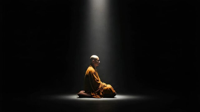 Spiritual Contemplation: Monk Meditating Under a Beam of Light in Serene Solitude and Deep Focus