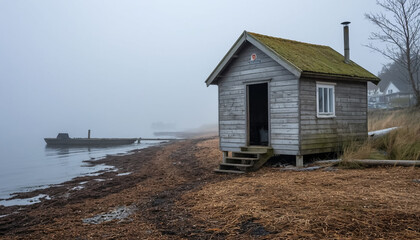 An old fishing hut on the shore of a reservoir.