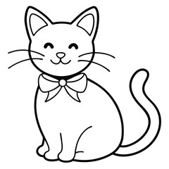 Cute cartoon black and white cat wearing a bow tie sitting happily
