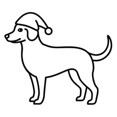 Simple outline drawing of a happy dog wearing a santa hat for christmas