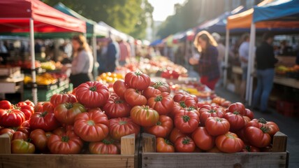 Fresh heirloom tomatoes at vibrant outdoor farmers market on a sunny day