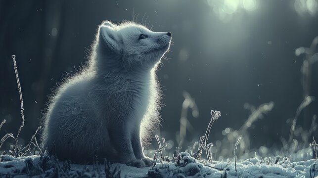 Arctic fox kit looking up in winter snow