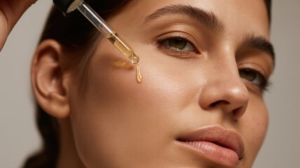 Young caucasian female applying facial oil with dropper for skincare routine
