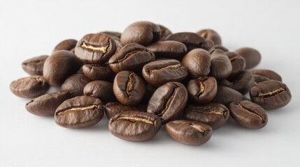 Obraz premium Close-up of a small pile of roasted coffee beans on a white background.