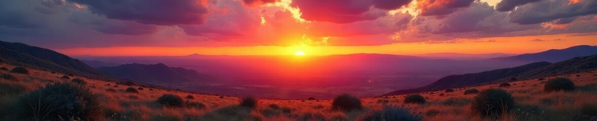 Obraz premium A breathtaking panoramic vista of a vast, unexplored landscape stretching to the horizon under a vibrant sunset sky Endless possibilities and adventure await in this untouched wilderness , calm, view