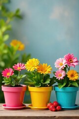 A cheerful array of colorful flowerpots brimming with vibrant blooms, ready to brighten any space Perfect for spring, summer, gardening, and home decor projects , window box, planting, horticulture