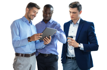 Three diverse business partners standing and discussing project working together on a transparent background