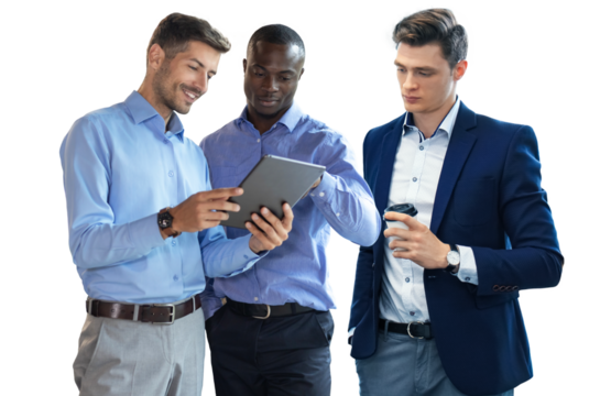 Three diverse business partners standing and discussing project working together on a transparent background