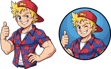Cool cartoon boy giving thumbs up, anime style character, red cap and flannel shirt, smiling avatar icon, cad drawing