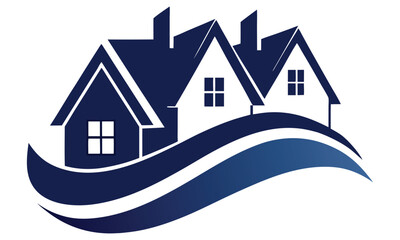 Modern abstract logo featuring three stylized dark blue and white houses with a flowing wave design below representing real estate property or home ownership