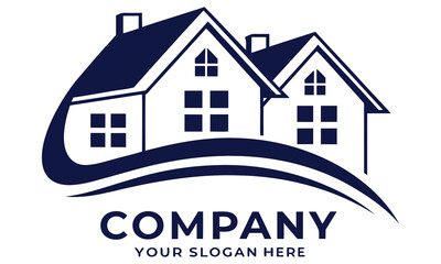 Modern minimalist dark blue house logo design for real estate companies and property developers featuring two stylized homes and abstract swoosh elements on a white background