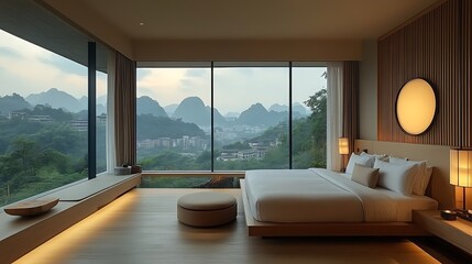 Fototapeta premium Modern bedroom with mountain view interior design
