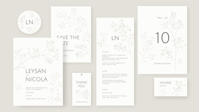 Elegant wedding set. Hand drawn gypsophila of twigs. Place cards, wedding invitation, table number, save the date, thank you card, menu, sticker.