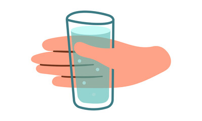 Hand holding glass of water. Drink more water concept. Vector illustration hand drawn , isolate on white background .