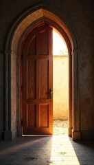 A partially open church door reveals a sunlit interior, suggesting a welcoming and hopeful entry into faith The image conveys a sense of transition and spiritual exploration , welcome, spiritual