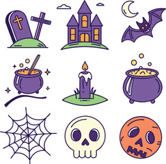 "Cute Halloween Icon Set with Haunted House, Skull, Pumpkin, and Cauldron"