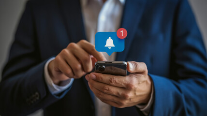 A close-up photograph of hands in a navy blue business suit interacting with a smartphone