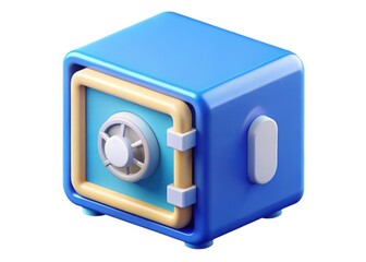 Blue 3d cartoon safe with a dial and handle isolated on white background